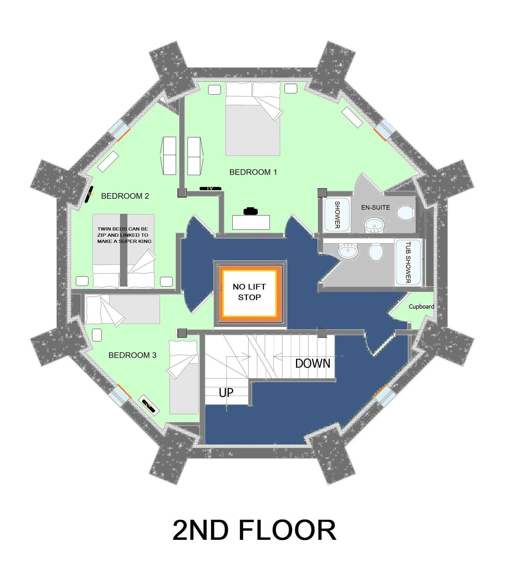 2nd Floor - Bedrooms 1-3 - No LIft Stop